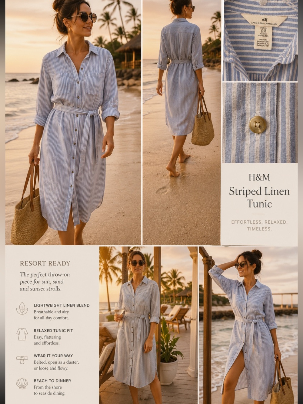 H&M Light Blue and White Striped Linen Tunic Dress
